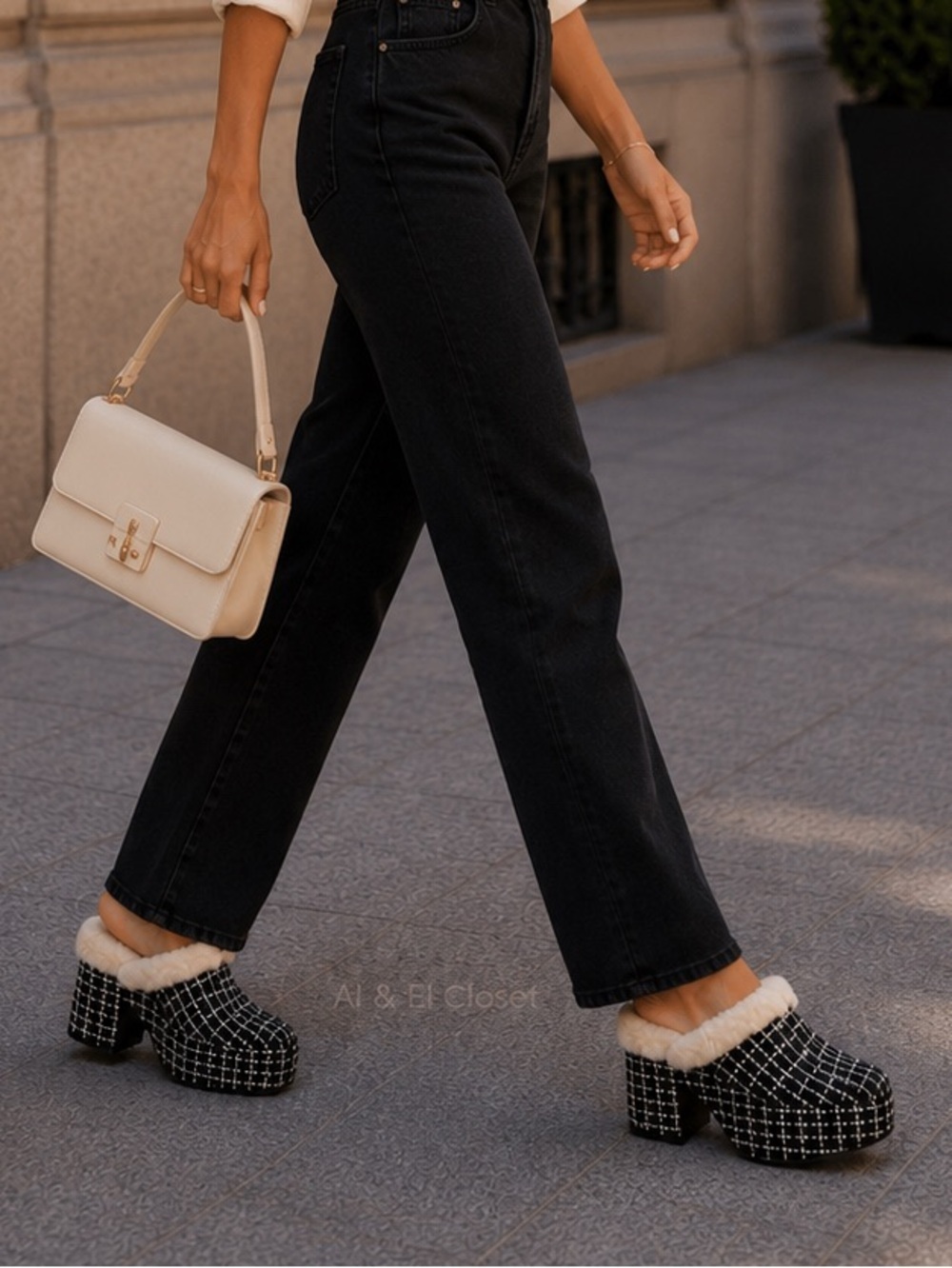Larroudé Miso Clog platform heels in black tweed with plush natural shearling 9